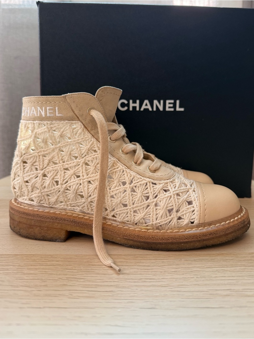 CHANEL Cream Crochet Lace-Up High-Top Boots - Picture 2 of 15